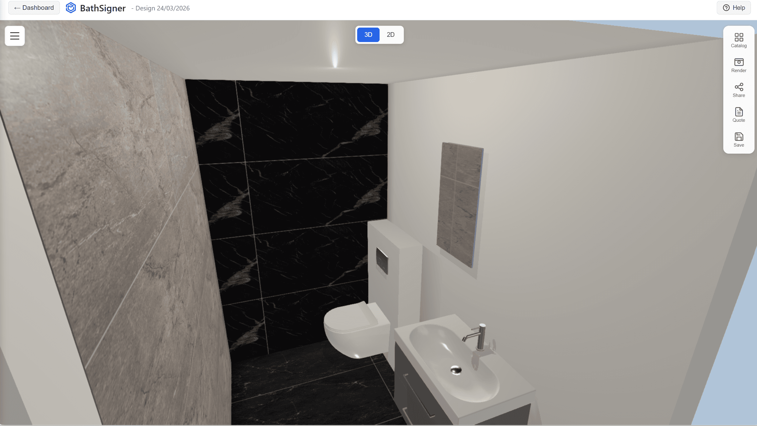 The BathSigner 3D bathroom designer showing a configured room with marble tiles, a wall-hung toilet and a vanity unit.