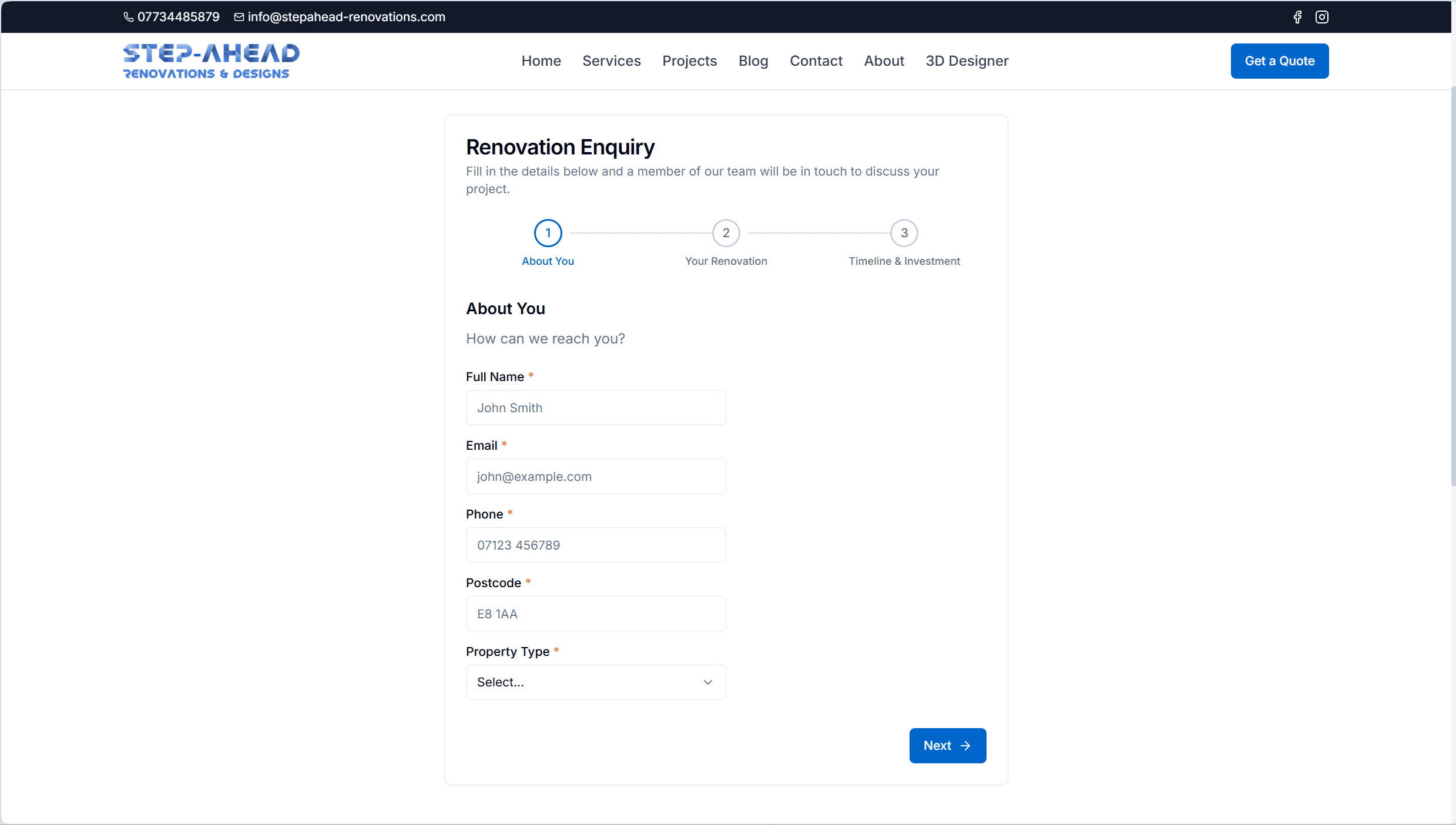 The Step-Ahead Renovations multi-step renovation enquiry form, showing the guided lead-capture flow.