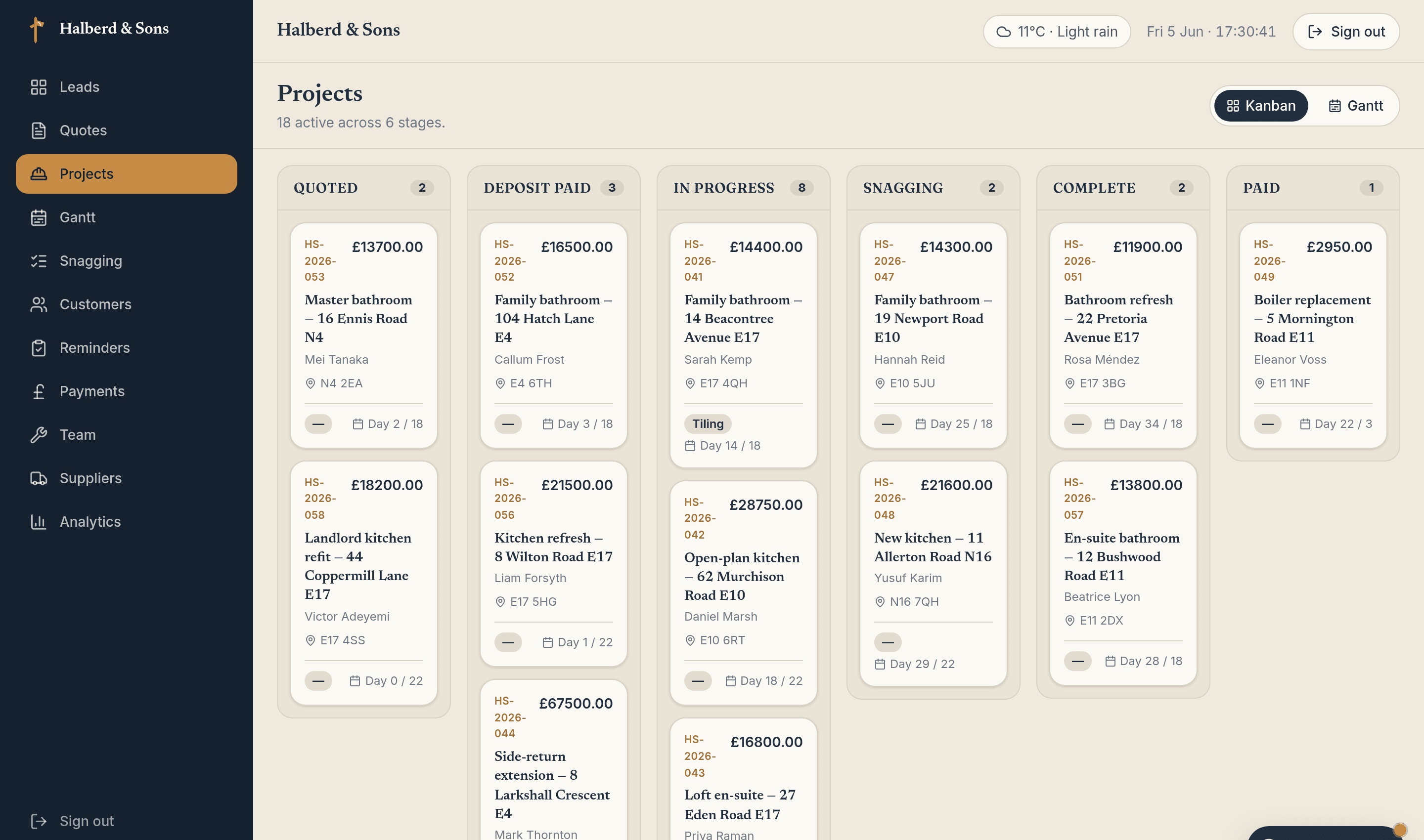 Projects board — every job from quote to paid, six stages, never lose track.