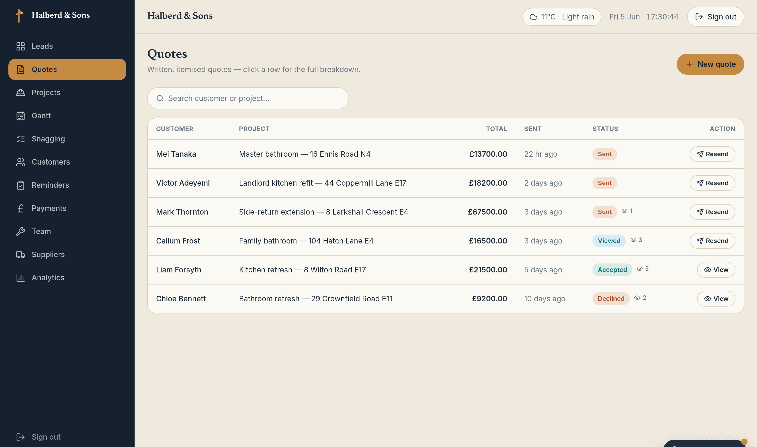 Quote builder — line-item quotes with VAT, payment schedules, customer e-sign.