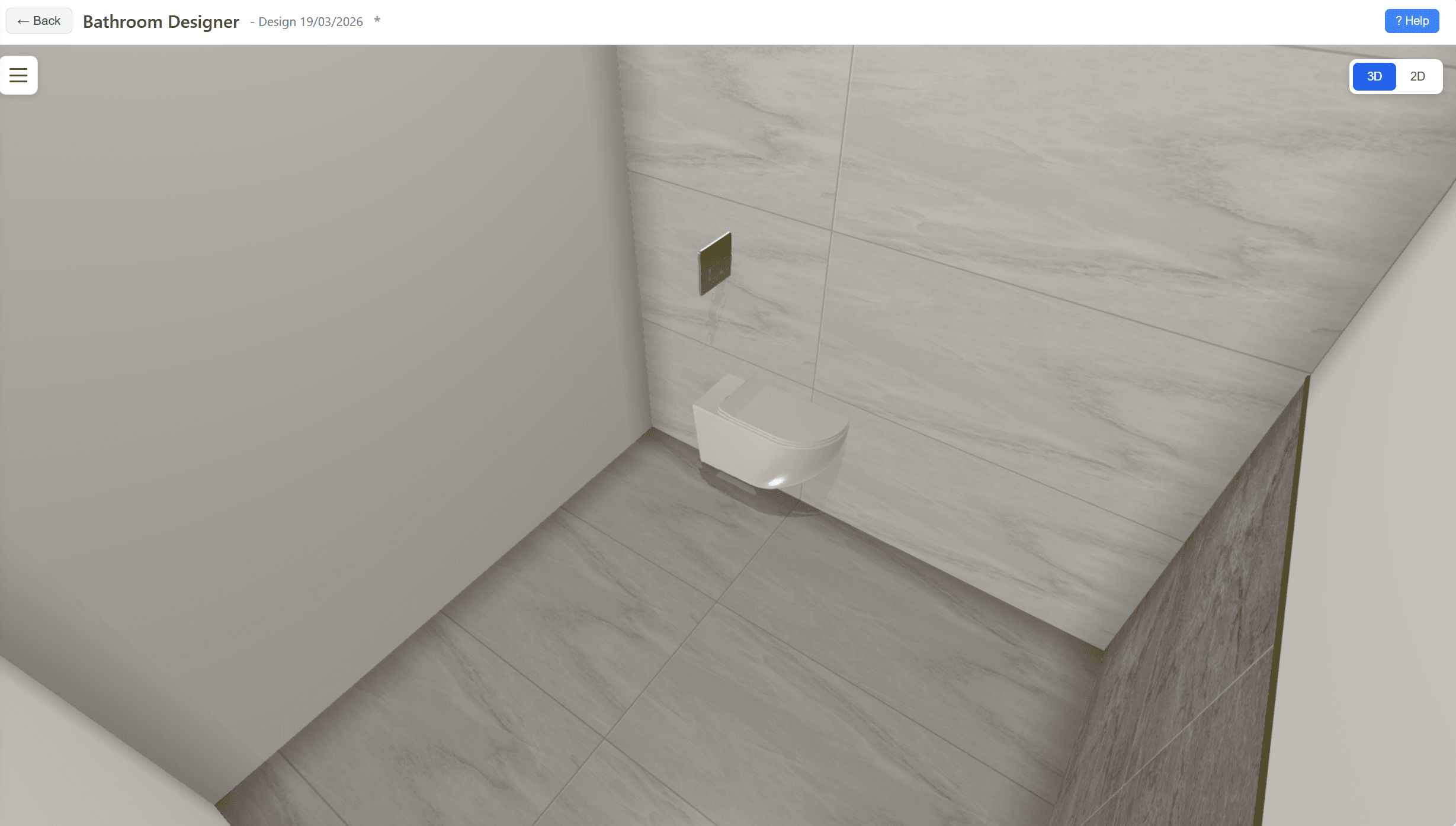 BathSigner 3D designer showing a light marble-tiled bathroom with a wall-hung toilet from a corner perspective.